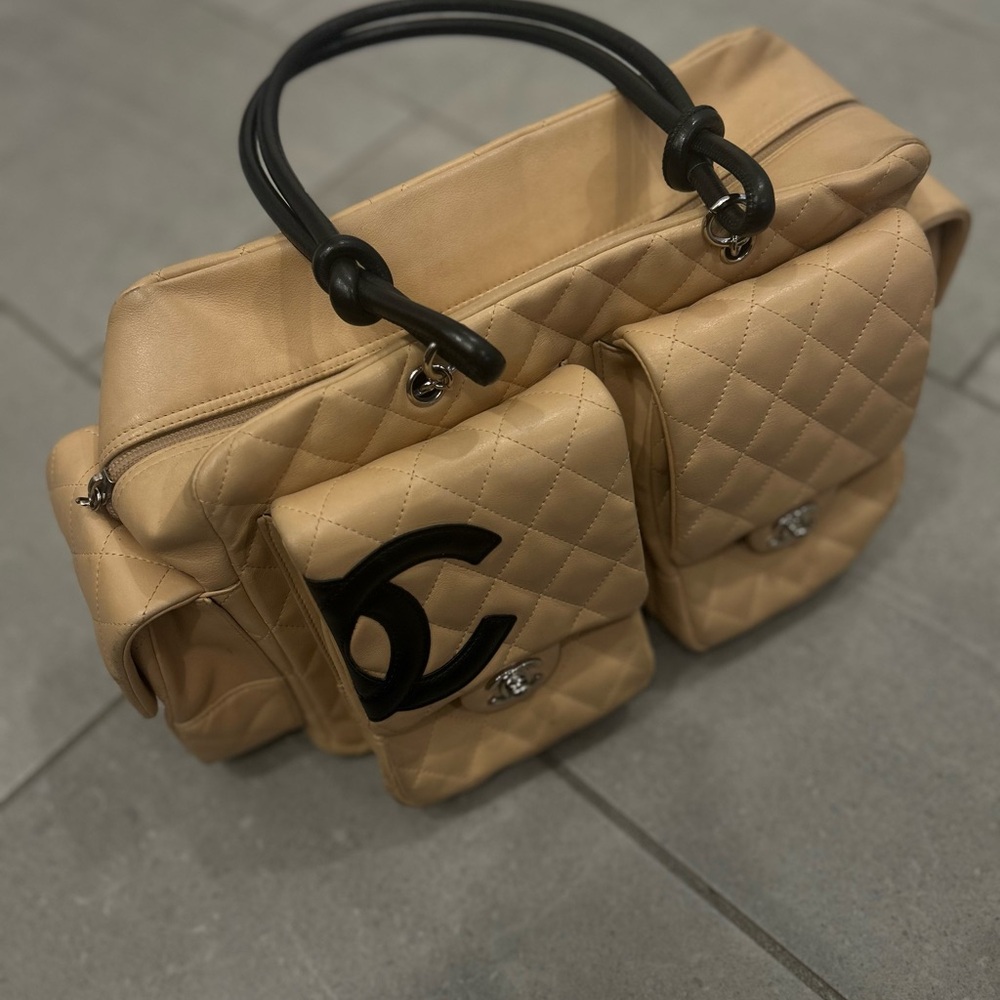 VINTAGE 1000% Authentic Chanel Cambon Beige Quilted Handbag with Black Handles